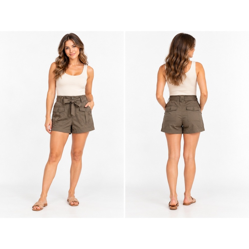Talbots Petites Olive Green Cargo Shorts High Rise Tie Waist Cotton 2P
